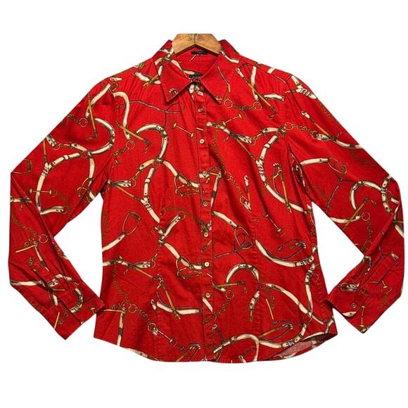 Talbots Tops - Talbots Red Gold Equestrian Print Button Down Long Sleeve Blouse Women 10